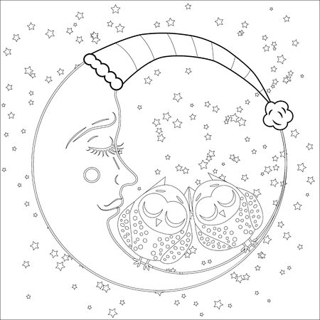 Coloring book for adult and older children. Coloring page with an owl on the moon among the stars.のイラスト素材