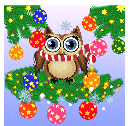 Lovely cartoon owl on a spruce branch decorated with balls, garlands. Christmas cardのイラスト素材
