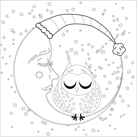 Coloring book for adult and older children. Coloring page with an owl on the moon among the stars.のイラスト素材
