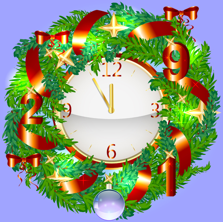 Realistic Christmas Wreath and Gold Clock Isolated on Background. Red Christmas Balls, Candy, Golden Stars, Gifts, 2019のイラスト素材
