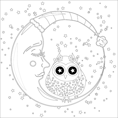 Coloring book for adult and older children. Coloring page with an owl on the moon among the stars.のイラスト素材