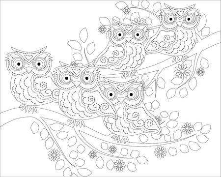 Coloring book for adult and older children. Coloring page with cute owl and floral frame. Outline drawing in styleのイラスト素材