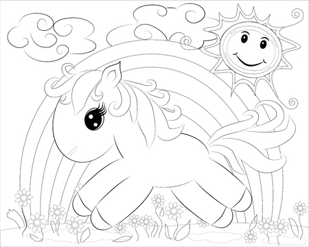 Coloring pages. Little cute pony and rainbowのイラスト素材