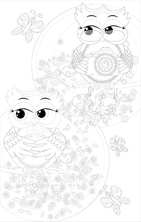 Doodles design of a photographer owl taking photo. coloring book for adult, card,poster,bannerのイラスト素材