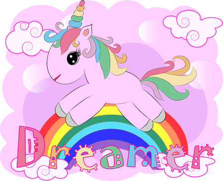Pink unicorn on a rainbow. Child illustration, fairy-tale character, dreamerのイラスト素材