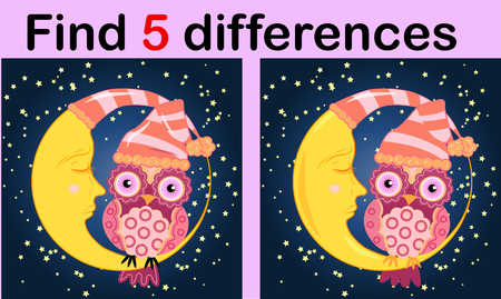 Cartoon Illustration of Find the Differences Educational Activity Game for Children with Owlsのイラスト素材