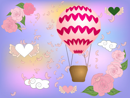 Air balloon with roses in the basket and ribbon with signature I really love you Valentines day illustrationのイラスト素材