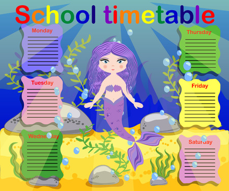 Timetable with days of weeks for school. schedule for children with cartoon mermaid and turtle.のイラスト素材