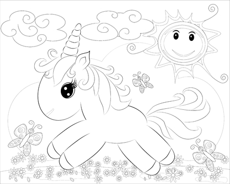 Coloring pages. Little cute pony and rainbowのイラスト素材