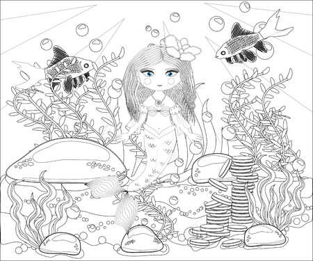 Coloring book for children: little mermaid and sea worldのイラスト素材