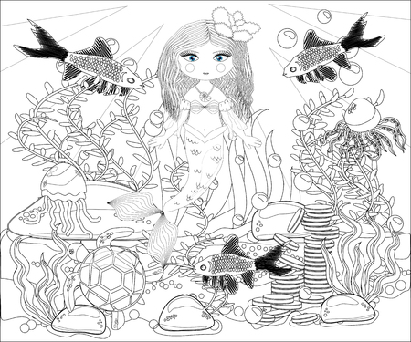 Coloring book for children: little mermaid and sea worldのイラスト素材