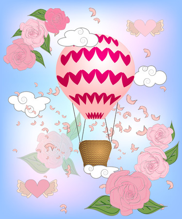 Air balloon with roses in the basket and ribbon with signature I really love you Valentines day illustrationのイラスト素材