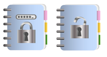 The concept of data protection. A pair of notebooks with metal chain and lock, passwordのイラスト素材