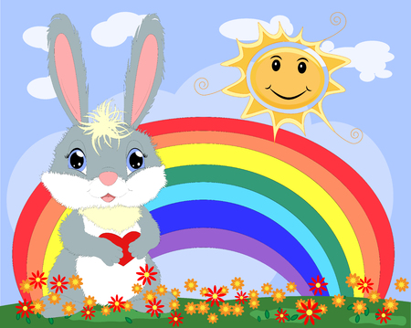 Bunny with a heart in a meadow near the rainbow. Spring, love, postcardのイラスト素材