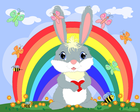 Bunny with a heart in a meadow near the rainbow. Spring, love, postcardのイラスト素材