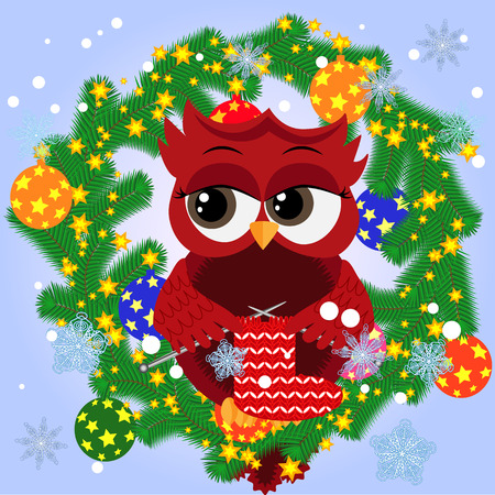 A Christmas background with owl, snowflakes, coniferous branches, decorated with balls, stars, ribbonsのイラスト素材