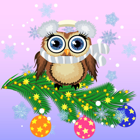 Lovely cartoon owl on a spruce branch decorated with balls, garlands. Christmas cardのイラスト素材