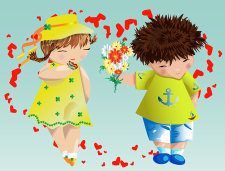 Happy valentine's day. Love card. The boy gives the girl a bouquet on the background of the heart. Declaration of love, proposal to marry, conceptのイラスト素材
