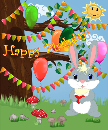 Bunny with a heart in a forest glade. Spring, love, postcardのイラスト素材