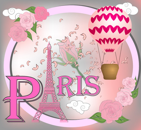 Romantic background with Eiffel Tower and pink roses.のイラスト素材
