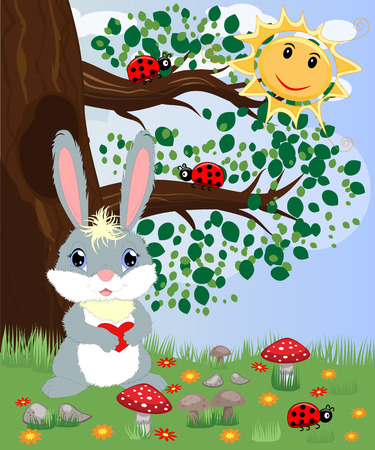Bunny with a heart in a forest glade. Spring, love, postcardのイラスト素材