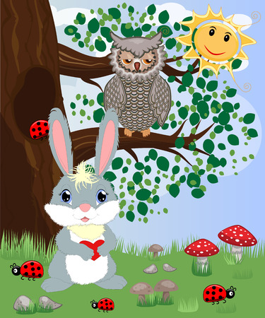 Bunny with a heart in a forest glade. Spring, love, postcardのイラスト素材