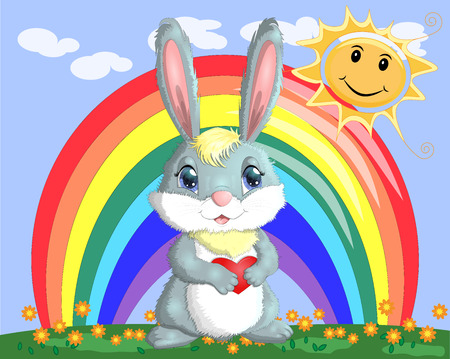Bunny with a heart in a meadow near the rainbow. Spring, love, postcardのイラスト素材