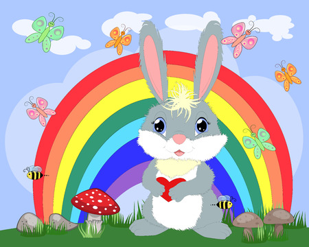 Bunny with a heart in a meadow near the rainbow. Spring, love, postcardのイラスト素材