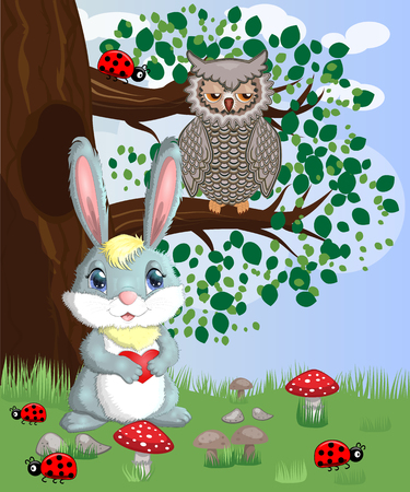 Bunny with a heart in a forest glade. Spring, love, postcardのイラスト素材
