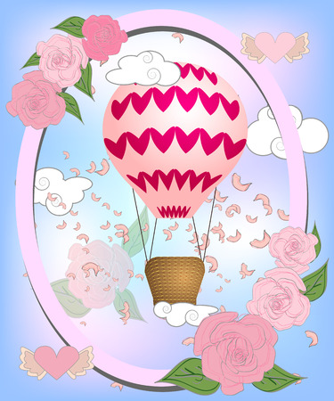 Air balloon with roses in the basket and ribbon with signature I really love you Valentines day illustrationのイラスト素材