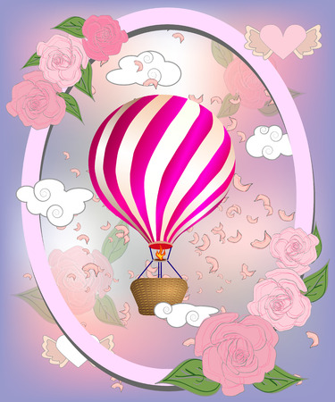 Air balloon with roses in the basket and ribbon with signature I really love you Valentines day illustrationのイラスト素材