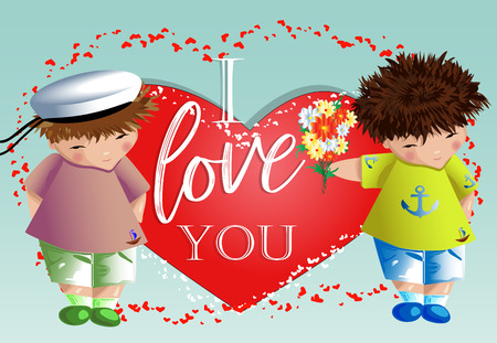 Happy valentine's day. The boy gives the boy a bouquet on the background of the heart. Declaration of love, a proposal to marry, the concept of same-sex homosexual relationsのイラスト素材