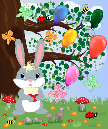 Bunny with a heart in a forest glade. Spring, love, postcardのイラスト素材