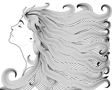 Girl with streaming hair and flowers, linen hand drawn illustration for coloring book.のイラスト素材