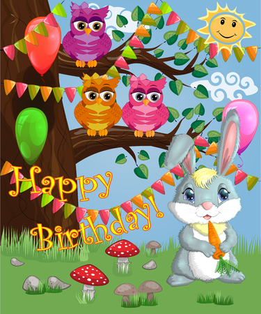 Bunny with a carrot in a forest glade. Spring, love, postcardのイラスト素材