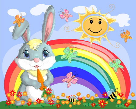 Bunny with a carrot in the meadow near the rainbow. Spring, love, postcardのイラスト素材