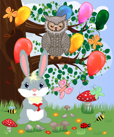 Bunny with a heart in a forest glade. Spring, love, postcardのイラスト素材