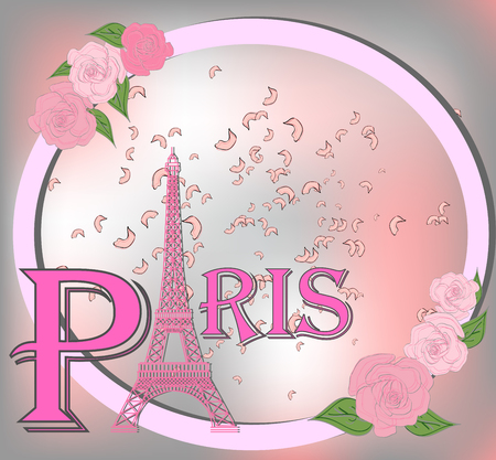 Romantic background with Eiffel Tower and pink roses.のイラスト素材