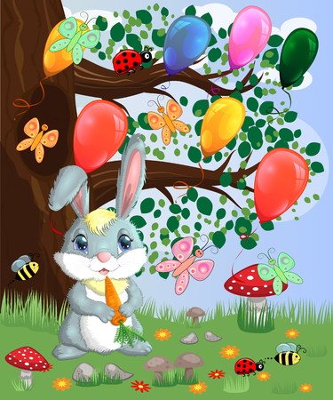 Bunny with a carrot in a forest glade. Spring, love, postcardのイラスト素材