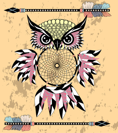 Indian decorative Dream Catcher owl in graphic style.のイラスト素材