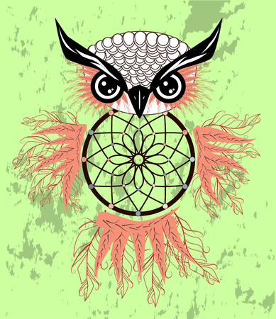 Hand drawn dreamcatcher with an owl, feathers and all seeing eyes. Indian talisman in boho style.のイラスト素材
