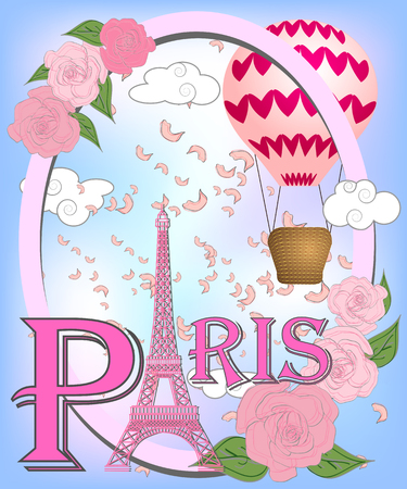 Romantic background with Eiffel Tower and pink rosesのイラスト素材