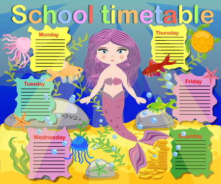 Timetable with days of weeks for school. schedule for children with cartoon mermaid and turtleのイラスト素材
