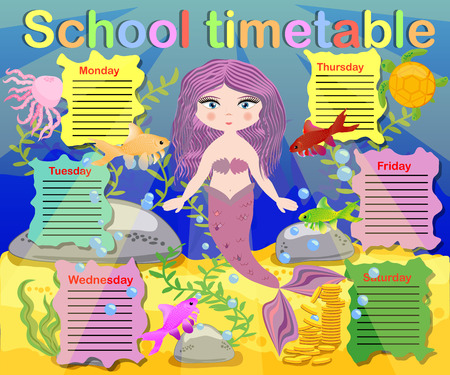 Timetable with days of weeks for school. schedule for children with cartoon mermaid and turtleのイラスト素材