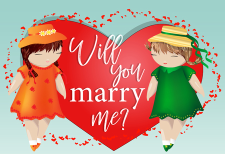 Happy valentine's day. A pair of girls on the background of the heart. The concept of same-sex lesbian love, a pair of two womenのイラスト素材