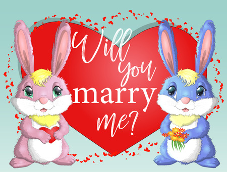 Happy valentine's day. Love card. A pair of cute bunnies girl and boy, pink and deep against a red heart. Concept of love confession, marriage proposal, relationship, coupleのイラスト素材