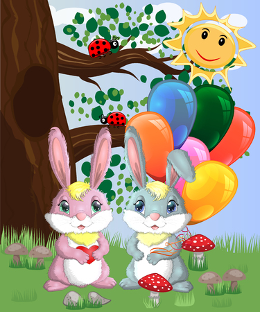 Two cute bunny with balls in a forest glade. Boy and girl, concept spring, love, postcardのイラスト素材
