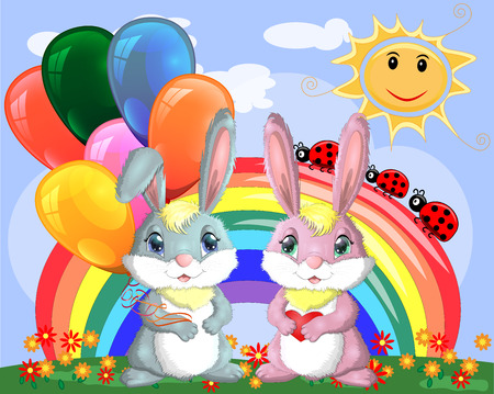 Cute cartoon bunny with an armful of balls and a bunny girlfriend in a meadow near the rainbow. Spring, love, postcardのイラスト素材