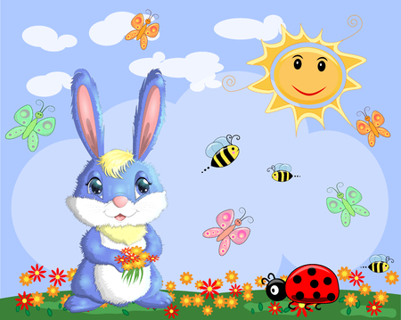 Bunny with a bouquet in a meadow near the rainbow. Spring, love, postcardのイラスト素材