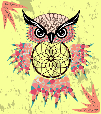 Hand drawn dreamcatcher with an owl, feathers and all seeing eyes. Indian talisman in boho style.のイラスト素材